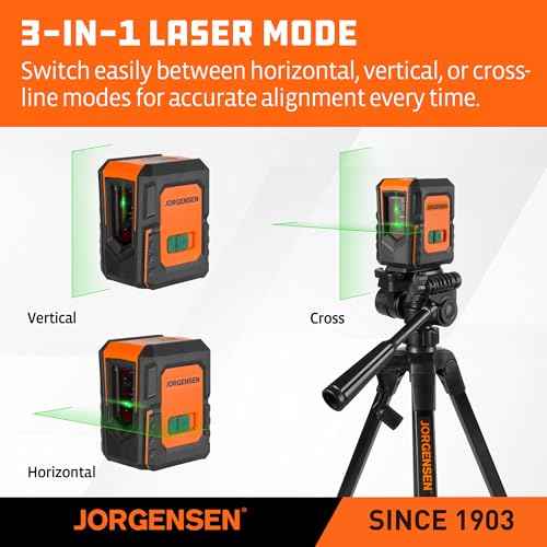 JORGENSEN Laser Level with Tripod, 100 FT Dual Modules Self Leveling Cross Line Laser Leveler Tool with 360¡Æ Magnetic Base, Green Laser Level for Picture Hanging, Tile, Home Renovation, Indoor Project