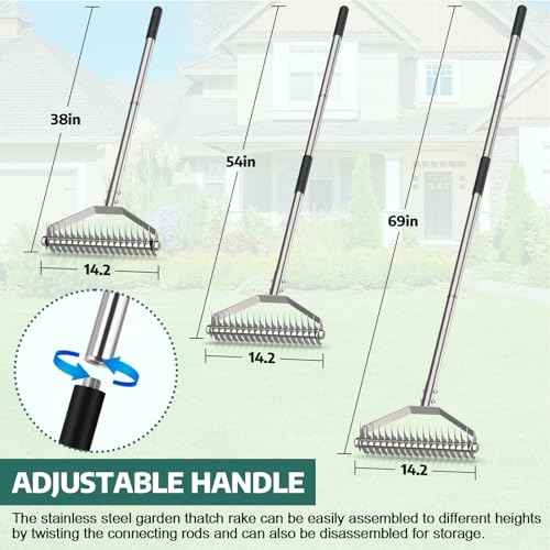 Thatch Rakes for Lawns,14.2-Inch Thatching Rake,304 Stainless Steel Dethatcher Rake with Adjustable Handle and 2 Extra Replaceable Blades,Heavy Duty Rakes for Cleaning Dead Grass and Loosening Soil