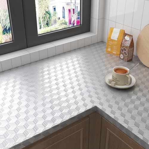 LACHEERY Silver Grey Metallic Wallpaper for Kitchen Backsplash Wallpaper Peel and Stick Waterproof Removable 3D Wall Paper Kitchen Contact Paper for Countertops Cabinets Drawers Liner Roll 15.8"x80"