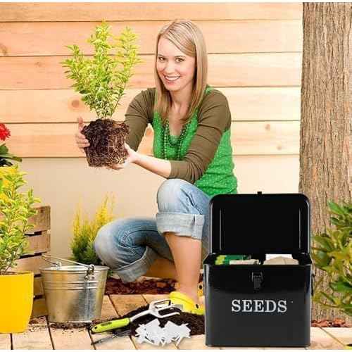 Seed Storage Organizer, T-Shape Compartment Seed Box with Safety Lock, Metal Seed Saving Box, Portable Seed Bin Container with Handle, Including 2 Pens 20 Plant Labels 50 Seed Envelopes-Black