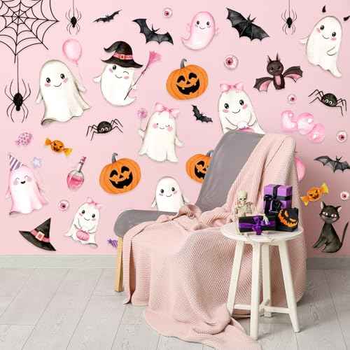 Whaline 9 Sheets Halloween Wall Stickers Pink Ghost Pumpkin Bats PVC Wall Decals Cute Self-Adhesive Decoration for Halloween Party Home Classroom Office