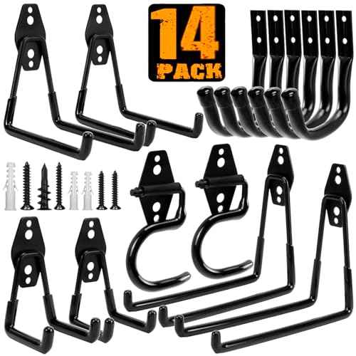 Garage Storage Hooks, 14 Pack Heavy Duty Garage Hook with Anti-Slip Coating, Wall Mount Utility Hooks, Garage Tool Organizer for Hanging Bikes, Tools, Ladders, Ropes, Hose, Bulk Items(Black)