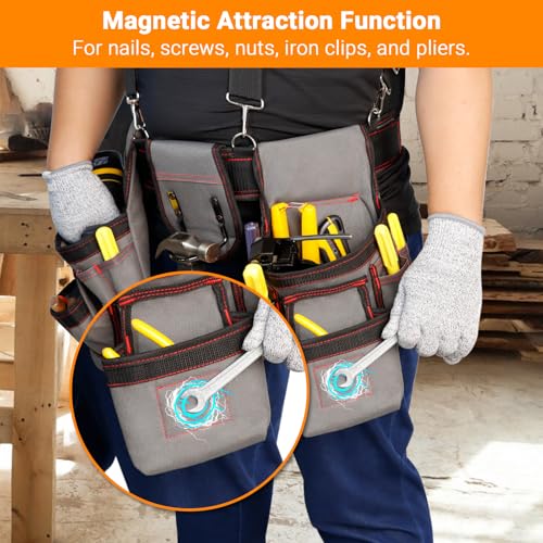Tool Belt With Suspenders, Professional Tool Belt for Men, Magnetic Tool Belts With Suspenders, 18 Pockets Heavy Duty Detachable Adjustable Tool Belts for Electrician, Carpenter (Grey, 32''-66'')