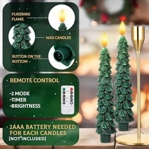 Honoson 6 Sets Flameless Christmas Tree Taper Candles with Holders Remote Control, LED Taper Candles AAA Battery Operated Flickering Candlesticks for Window Fireplace (Gold,Classic Style)