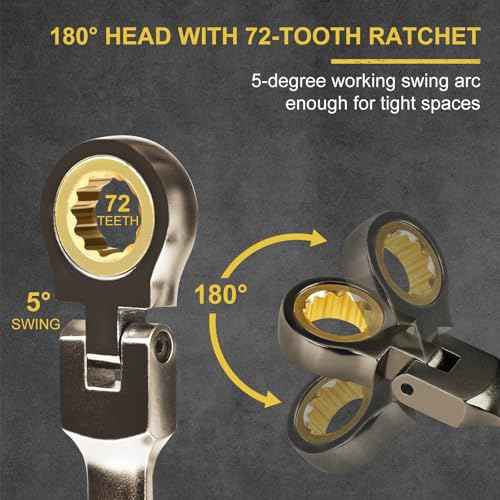 Egofine 1/4 Ratchet Wrench Flex Head, 1/4 Wrench Ratcheting Combination Wrenches SAE, Industrial Grade Gear Spanner with 12 Point Box End, 72-Teeth Ratchet Nickel Plating, Chrome Vanadium Steel