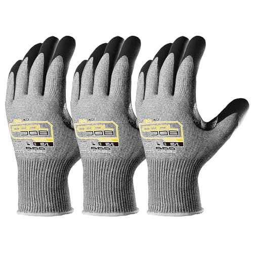 COOLJOB ANSI A5 Cut Resistant Gloves - 3/12 Pairs, Nitrile Rubber Dipped Safety Work Gloves for Men, Knife Proof with Grip Coating for Construction Warehouse Glass Wood Work, Grey Medium
