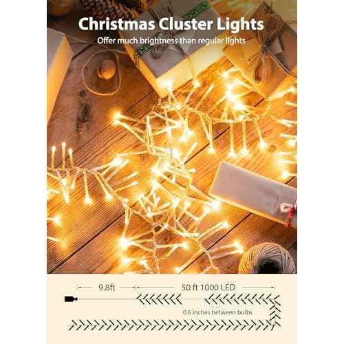 Minetom Christmas Lights Outdoor Cluster Lights - 1000 LED 50 Ft Christmas Firecrackers String Lights, 12 Modes Timer Waterproof Plug in Twinkle Fairy Light for Xmas Tree Garland Party, Warm White