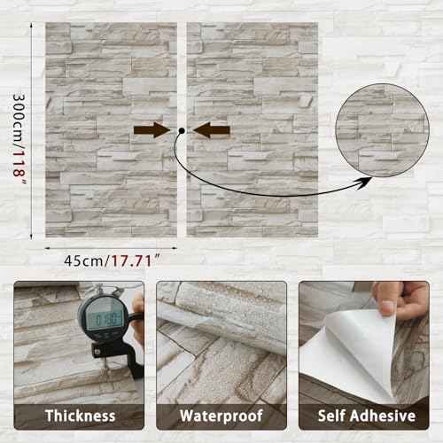 ConCus-T Brick Wallpaper Peel and Stick Wallpaper 17.7" x 118" Faux Stone Wallpaper Brick Contact Paper Self-Adhesive Removable Decorative Wall Paper for Wall Kitchen Backsplash
