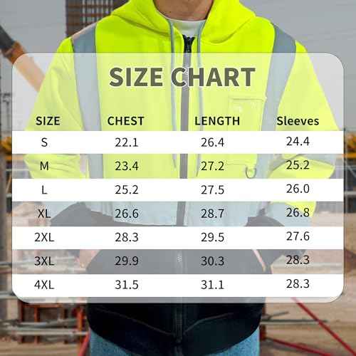 Hi Vis Hoodie for Men Zip up Reflective Sweatshirt Class 3 High Visibility Hoodie Safety Sweater with Black Bottom, Yellow, 4XL