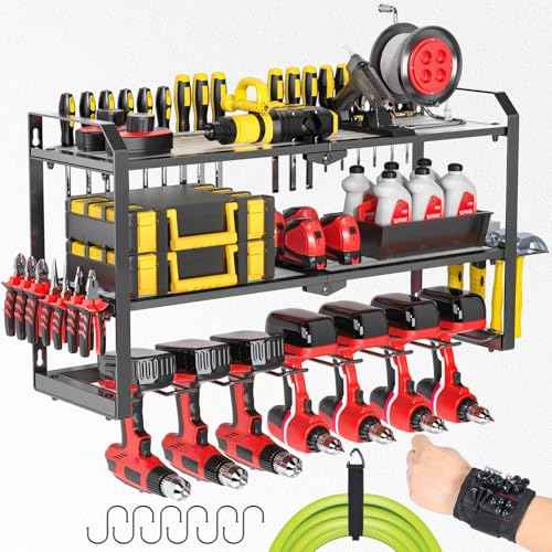 Power Tool Organizer Wall Mount, Upgraded 7 Drill Holder Wall Mount, Large 3-tier Cordless Tool Organizer & Storage Rack, Tool Shelf with Screwdriver/Plier/Hammer Holder, Men's Present (Black)