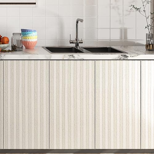 Livelynine Striped Wallpaper Peel and Stick Bedroom Cream Tan and White Stripe Wall Paper for Bathroom Waterproof Contact Paper for Countertops Table Desk Cover Kitchen Cabinet Vinyl Wrap 15.8x78.8