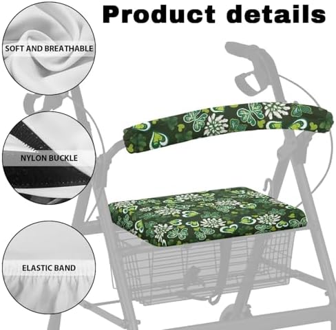 LedBack Saint Patrick's Day Walker Accessories Comfy Walker Seat and Backrest Covers Green Hearted Decorations Soft Dust Cover for Seniors in Assisted Living 2 Piece Walker Seat Cover Set