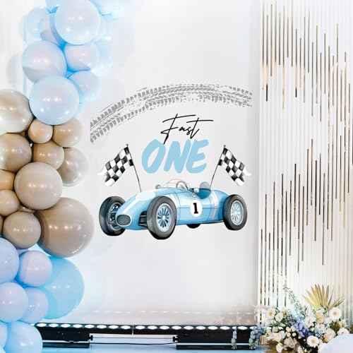 Fast One Birthday Racing Decal Race Car Checkered Flag Welcome Sign Decal Fast One 1st Birthday Backdrop Decorations for Boys Balloon Arch