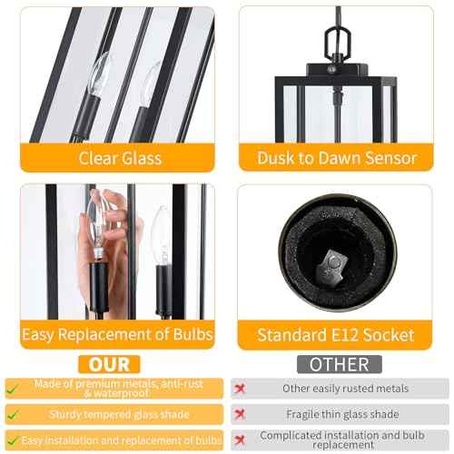 Large Outdoor Pendant Light 2-Light, 15'' Dusk to Dawn Modern Black Metal Outside Chandelier Exterior Hanging Fixture Ceiling Mount with Clear Glass for Front Porch Entrance Foyer Entryway, 1 Pack