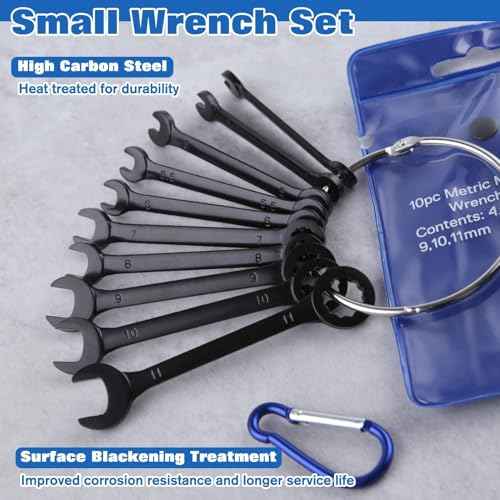 10PCS Mini Wrench Set Standard Metric 4mm-11mm Ignition Wrenches Open End and Box End Combination Wrench Set with Portable Pouch and Key Rings, Black Electrophoretic Coating