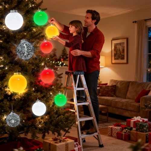 Lanpn 4 Pcs 8" Outdoor LED Ornament, Large Christmas Battery Powered Ball Lights, Xmas Tree Sphere Bulb Decor with Dark Sensor, Christmas Lighted Ornaments for Lawn Garden Yard Patio, Red