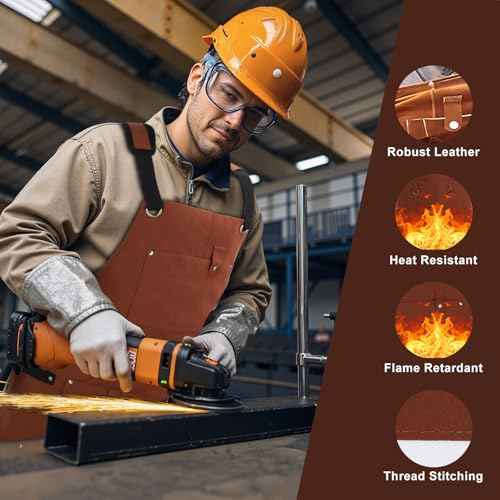 Welding Work Apron,Heat & Flames Proof Apron, Leather Welding Apron,24x36 Inches with 6 Pockets Adjustable Belt