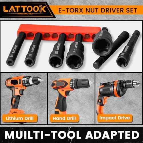 E-TORX Nut Driver Set, LATTOOK 7-Piece 1/4'' Hex Shank Female Torx Nut Driver E Torx & Star Nut Driver External Star Nut Driver Set for Impact Drill, E4 E5 E6 E8 E10 E12 E14