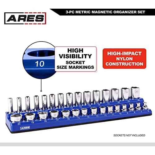 ARES 60036-3-Piece Blue Metric Magnetic Socket Organizer Set - Includes 1/4-Inch, 3/8-Inch, and 1/2-Inch Socket Holders - Holds Standard Size and Deep Size Sockets - Keeps Your Tool Box Organized
