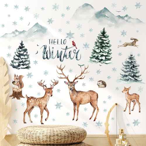 Kajaia Winter Christmas Forest Deer Wall Decals Stickers Woodland Pine Tree Animal Wall Decals Peel and Stick Snowflakes Rabbit Mountain Birds Stickers for Xmas Living Room Holiday Decor