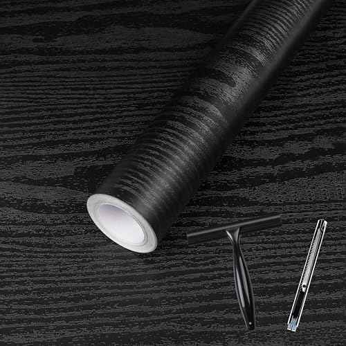 Abyssaly Black Wood Grain Contact Paper Peel and Stick Wallpaper Wooden Look Self-Adhesive Thicken Wallpaper Vinyl Wrap for Cabinets Countertops Shelf with Scraper, Paper Cutter 17.7" x 118"