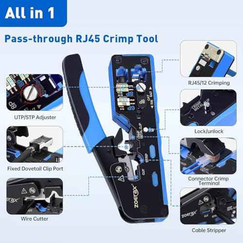 All-in-One Ethernet Crimping Tool Kit with Wire Stripper, 10xCAT7 RJ45 Pass Through Connector & 10xBoots, Storage Case Ideal for DIY/Network Installations