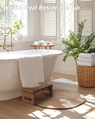 Foldable Toilet Stool, 7 Inches Bamboo Toilet Stool Squat for Adults, Collapsible Poop Stool for Bathroom, Potty Step Stool with Non-Slip Strip (Tawny)
