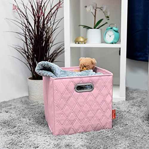 11 inch Pink Foldable Diamond Patterned Faux Leather Storage Cube Bins Set of Two with Handles for living room, bedroom and office storage