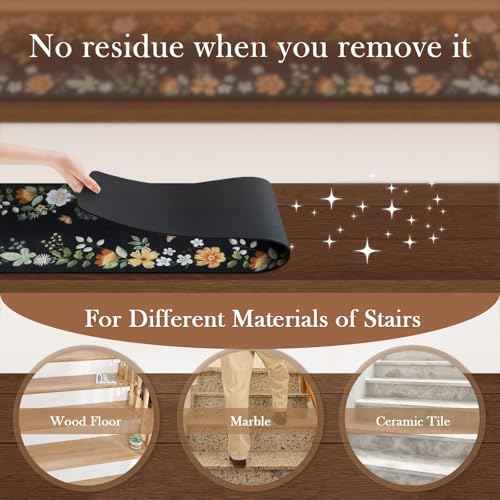 OJIA Floral Stair Treads Non-Slip Carpet Stair Treads for Wooden Steps Indoor 15PCS 30"x8" Stair Runner Stair Mats Staircase Step Treads for Kids, Elders and Dogs, Stair Covers, Black