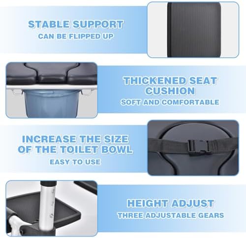 Shower Chair with Wheels 4 in 1 Folding Padded Bedside Commode Wheelchair Height Adjustable Detachable Bucket with Wheels Lifting Armrests Flip-up Footrest for Elderly Disabled (Black Tape and Sheet)