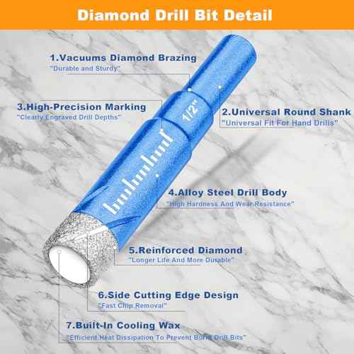 9 Piece Dry Diamond Drill Bits Set, Tile Drill Bits for Glass, Granite, Ceramic, Tile, Quartz Stone, Sizes 1/4" 5/16" 3/8" 1/2", Built-in Solid Cooling Wax, Fast Dry Drilling, Round Shank