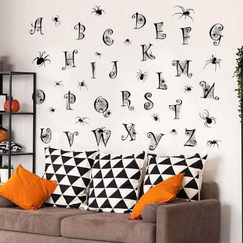 Black Alphabet Spider Web Wall Sticker Halloween Spider Wall Decals Peel and Stick Alphabet Letters for Wall Halloween Decoration for School Home Office Party Supplies Decor