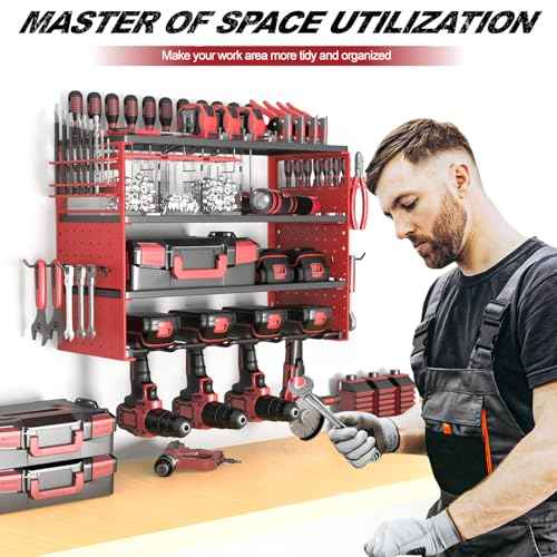 Power Tool Organizer Wall Mount, 4 Layers Tool Storage Rack with 2 Side Red Pegboards, 4 Drill Bit Rack,Heavy Duty Metal Garage Tool Shelf Organize for Workshop Garage Tool Room