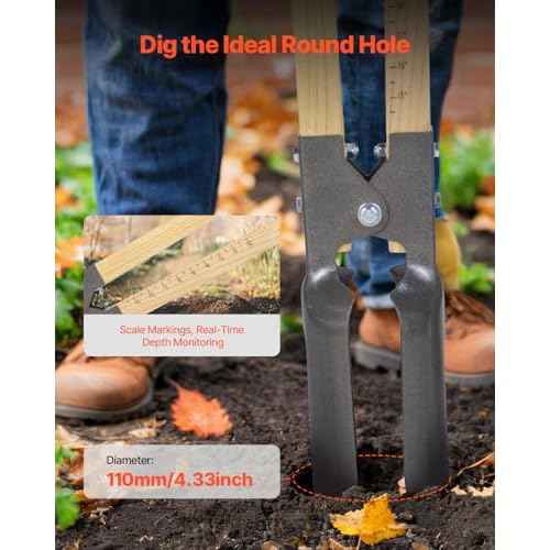 VEVOR Post Hole Digger, Heavy Duty Post Hole Digger with Wood Handle, Manual Hole Digger with Scale Markings and Metal Blade, Post Hole Digger Tool for Digging Yard Work Gardening Outdoors, 57.5-Inch