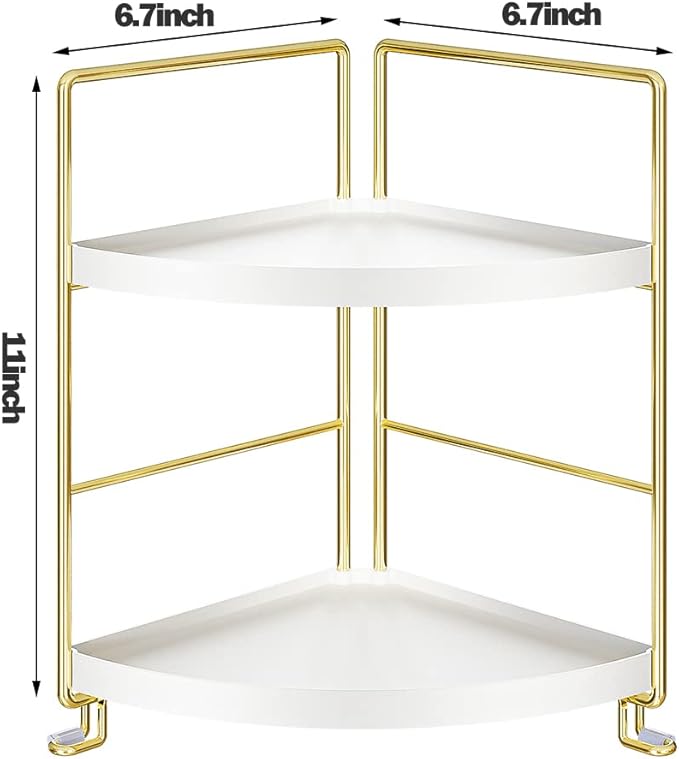 2-Tier Bathroom Corner Counter Organizer, Makeup Storage Shelf Vanity Tray, Bathroom Sink Countertop Organizer, Gold