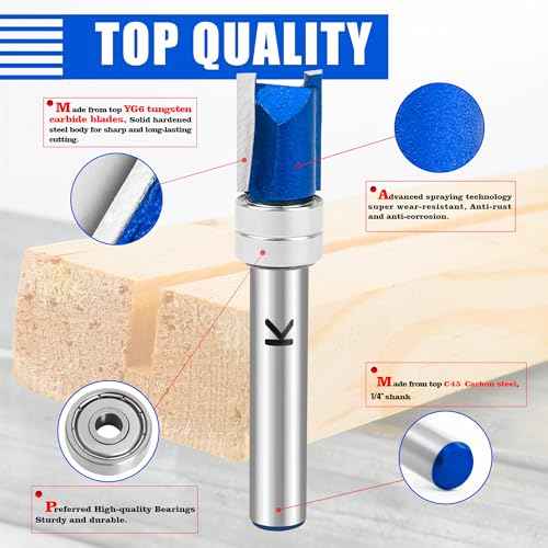 6Pcs Pattern Flush Trim Router Bits 1/4 Inch Shank, Carbide Tipped Template Top Bearing Flush Trim Cut Router bit Set, Pattern and Mortising Trim Router Bit for Wood Trimming