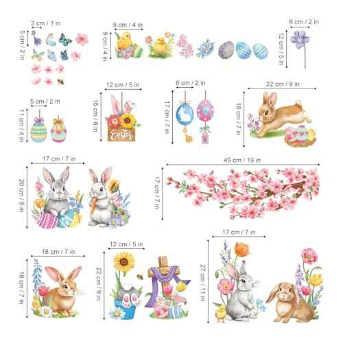 decalmile Spring Easter Window Clings Bunny Rabbit Eggs Window Decals Anti-Collision Glass Window Doors Flower Tree Branch Window Stickers