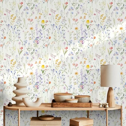 Floral Peel and Stick Wallpaper Boho Contact Paper Flower Leaf Removable Self Adhesive Waterproof Wall paper for Bathroom Bedroom Nursery Wildflower Botanical Thickened Vinyl Roll 17.32inW 118.11inL