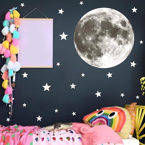 Full Moon Wall Decor Silver Star Wall Decals Peel and Stick Vinyl Space Wall Stickers & Murals Removable Boy Nursery Decor for Kids Girls Bedroom Playroom Living Room Classroom Kindergarten
