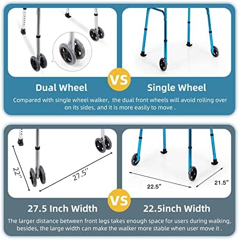 Dual-Wheel Stand Up Walker with Armrest Pad - Aluminum Standard Walker with Small Bag, Fadable Walkers for Seniors, Elderly, Platform Walker with Arm Support, Standing Upright Walkers, Silver