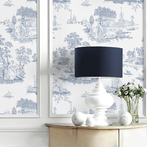 Hopepak Vintage Peel and Stick Wallpaper Blue Toile Wall Paper Self Adhesive Removable French Contact Paper Waterproof Wallpapers for Bedroom Bathroom Living Room 17.3''x118''