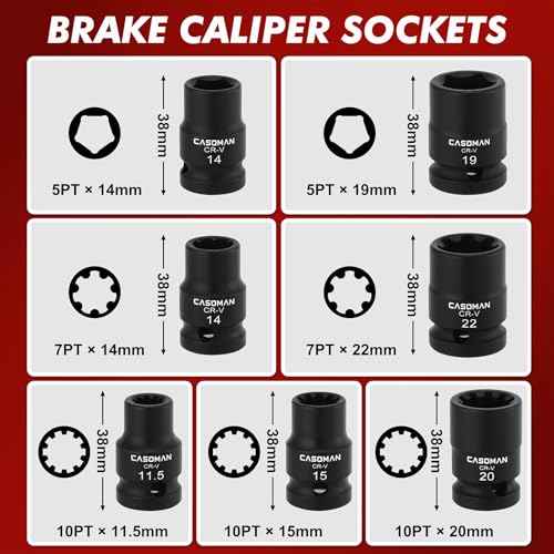 CASOMAN 16-Piece 1/2" Drive Impact Brake Caliper Socket Set, 5PT 7PT 10PT M14 M18 & Hex Sockets Compatible with Ford Benz BMW VW Audi Porsche