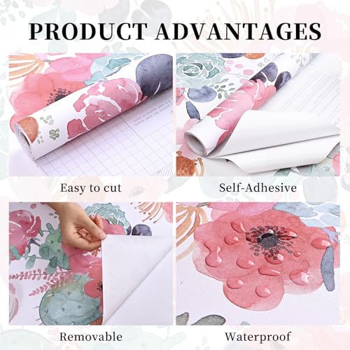 WENMER Floral Peel and Stick Wallpaper, Pink/Green/White Peony Wallpaper, Floral Contact Paper for Desk, Self Adhesive Vinyl Wall Paper for Bedroom Kitchen Classroom Furniture 17.7" x 118"