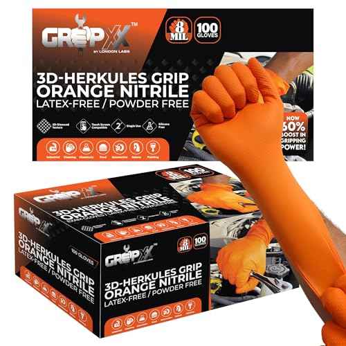 Herkules Grip Heavy Duty 8Mil Orange Nitrile Gloves,3D Raised Diamond Texture-Latex & Powder Free-Industrial, Mechanic