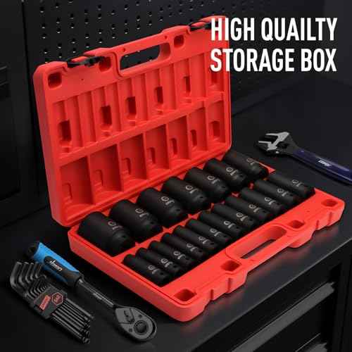 DISEN 19 Pcs 1/2" SAE Impact Socket Set, Deep Sockets 3/8"- 1-1/2", 6-Point Cr-V & Alloy Steel, 1/2 Inches Drive Impact Socket Set,Rugged Construction, Enhanced Storage Case