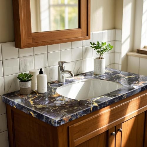 Volga Blue Marble Contact Paper 88" X 16" Marble Wallpaper Exotic Granite Self Adhesive Gloss Marble Vinyl Wrap Film for Kitchen Countertop Peel Stick Wall Paper for Cabinets Wall Funiture