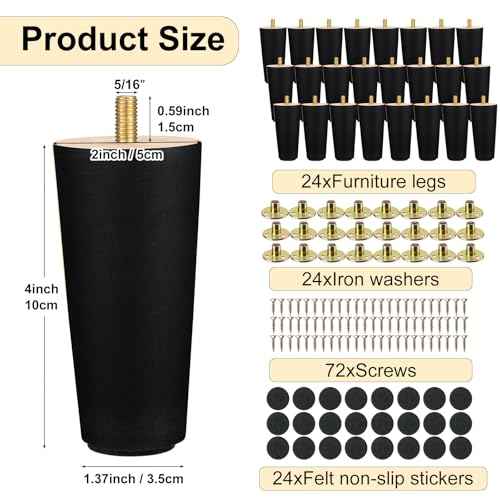 Maitys 4 Inch Round Solid Furniture Legs Furniture Wooden Replacement Chair Feet Dresser Sofa Couch Legs Table Cabinet Footstool DIY Projects for Home (Black,24 Pcs)