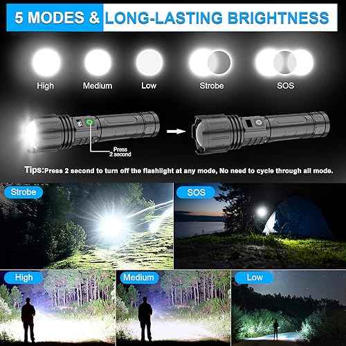 Rechargeable LED Flashlights High Lumens, High Lumens & 1500 Meters Super Bright Rechargeable Tactical Flashlight with 5 Modes,Waterproof,Powerful Handheld Flash Light for Camping