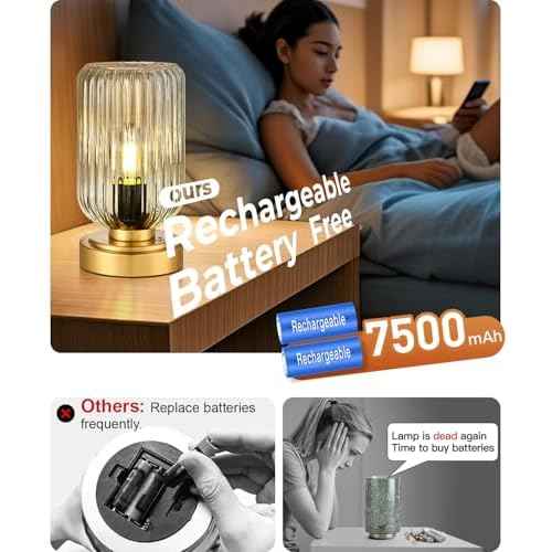 Touch Table Lamp for Nightstand - Small Bedside Lamps for Night Stands Bedroom Living Room, Dimmable Rechargeable Desk Lamp Battery Operated with Clear Glass Shade, Bulb Included