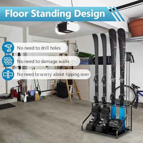 Ski Storage Rack-Holder Garage - Freestanding Ski Equipment Organizer Ski Boot Snowboard Rack Stand Snow Gear Storage